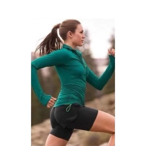 Athleta Alacrity Half Zip Pullover Teal Green Small Plush Tech, Adjustable Sides - Picture 2 of 9